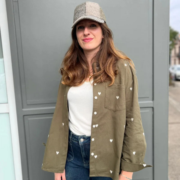 Surchemise kaki cœurs brodés