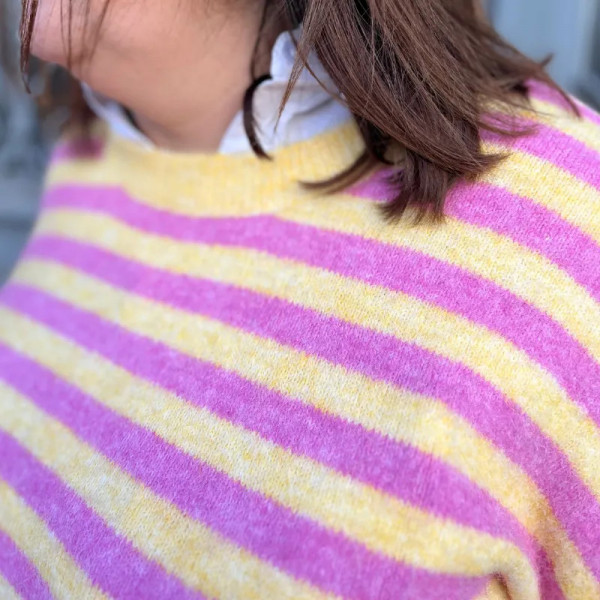 Pull grande taille tendance femme rose à rayures jaunes