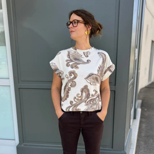 T-shirt beige en coton imprimé cachemire
